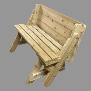 Folding picnic table folded into a bench